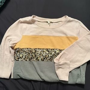 Sequinced cheetah print long sleeve color block top